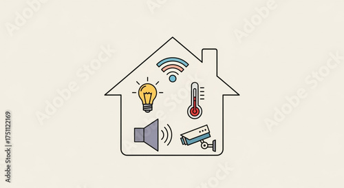 Smart home technology concept with light bulb, wifi, thermometer, speaker, and security camera