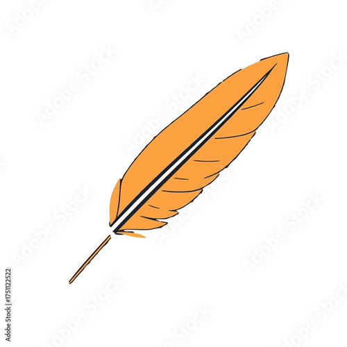 Detailed Illustration of an Orange Feather with Black Outlines and a White Background, Ideal for Design
