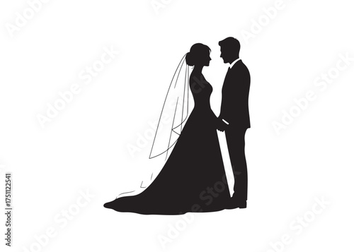Vector art of silhouette of a bride and groom holding hands
