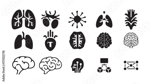 Collection of Brain and Neural Network Icons for Education and Healthcare Design
