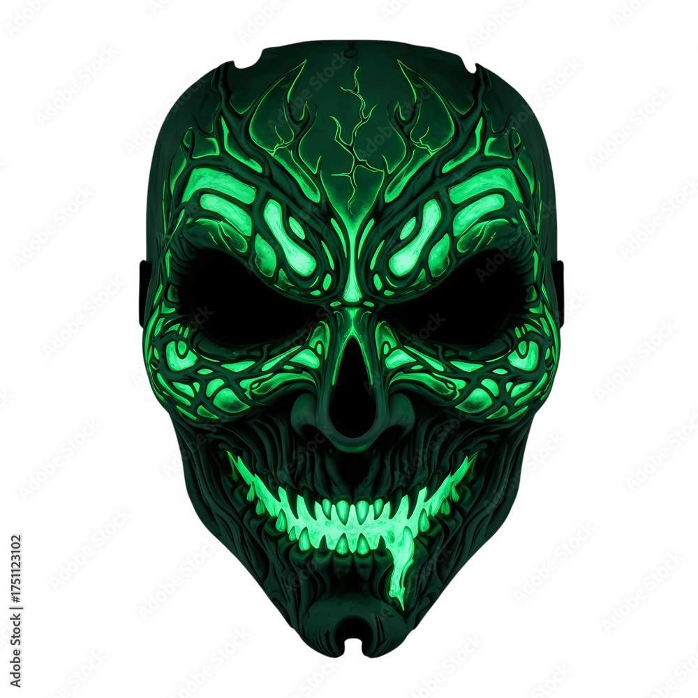 Obraz premium Green Glowing Skull Mask on transparent background