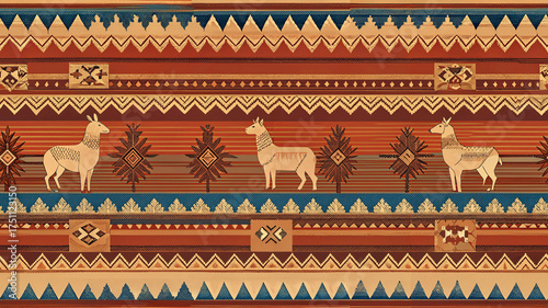 Andean Alpaca Stripe Pattern, Peruvian geometric textile with llamas in terracotta and teal, seamless indigenous woven background for fabric, wallpaper, apparel prints and home decor