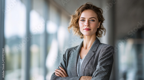 Professional woman with arms crossed in a gray blazer standing in front of a blurred background window