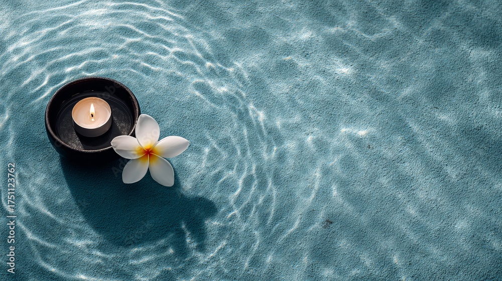 Naklejka premium Serene Candle Spa Flat Lay with Plumeria Flower on Calm Water Surface Creating a Tranquil Ambiance for Relaxation and Wellness