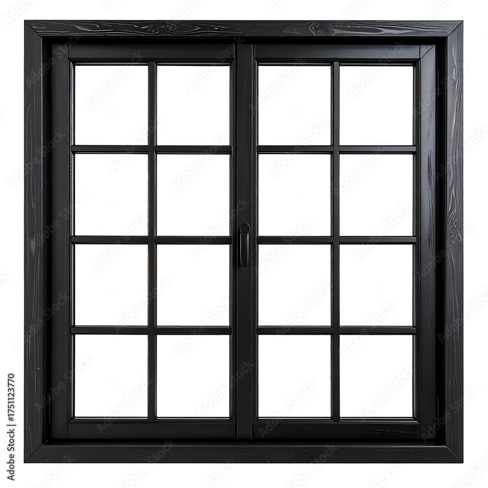 Fototapeta premium Square black window with a grid design, showcasing interior from a frontal view