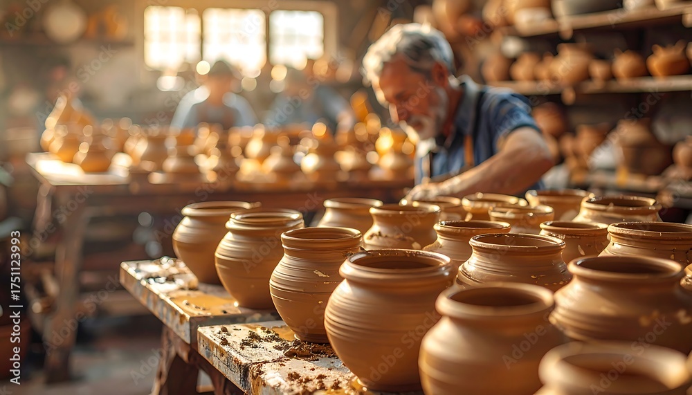 Fototapeta premium A craftsman intently works on pottery in a workshop, surrounded by unfinished pieces on a sunlit workbench with other figures blurred