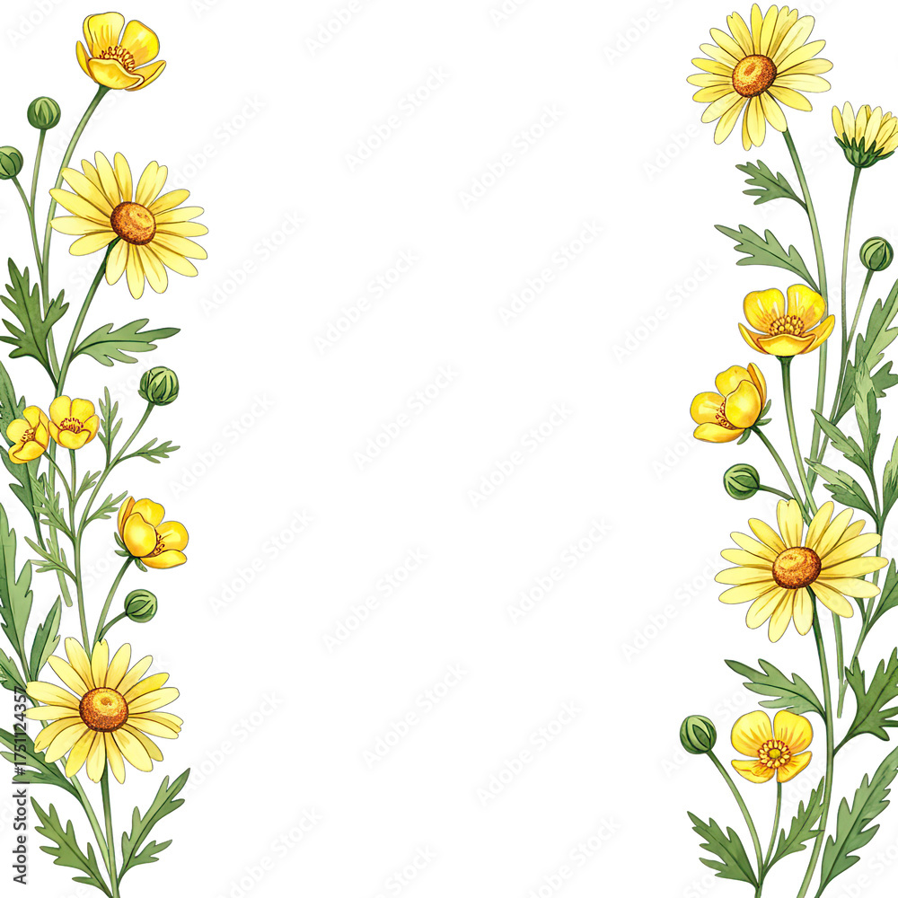Fototapeta premium A delicate watercolor illustration showcases an elegant floral border of vibrant yellow flowers and lush green leaves, perfect for adding a touch of nature's beauty to any design.