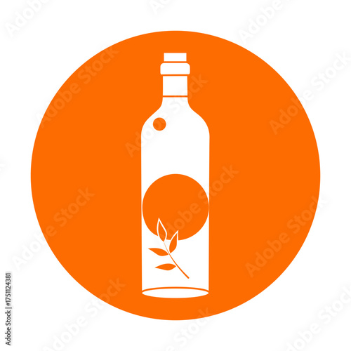 Minimalist vector icon of an olive oil bottle with a stylized branch and circle, using transparent lines on a vibrant orange background. The digital flat design emphasizes clarity and modern aesthetic