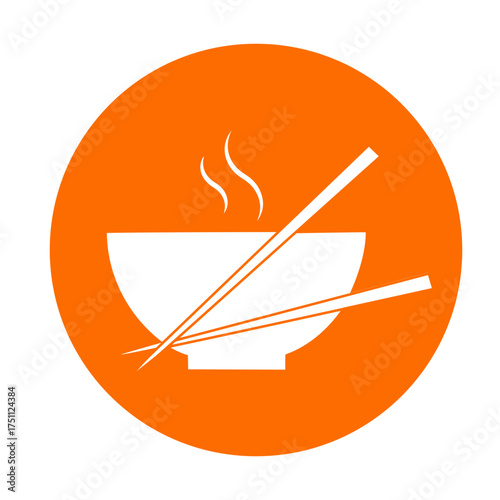 Minimalist icon bowl with chopsticks, depicted in a flat vector style with transparent outline elements and a vibrant orange background, evoking Asian cuisine and an inviting, dining atmosphere