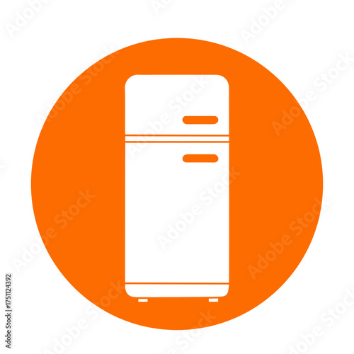 Minimalist icon of a classic refrigerator with transparent outline accents, rendered in flat vector style with a bright orange background, conveying modern kitchen utility and fresh storage