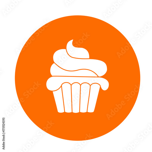 Minimalist icon of a cupcake or tartlet with whipped cream swirl, rendered in flat vector style with transparent outlines and a vibrant orange background, expressing sweetness, celebration