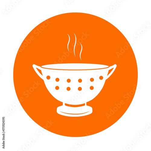 Minimalist icon of a colander with transparent outline accents and rising steam, rendered in flat vector style with a vivid orange background, symbolizing culinary activity and fresh cooking