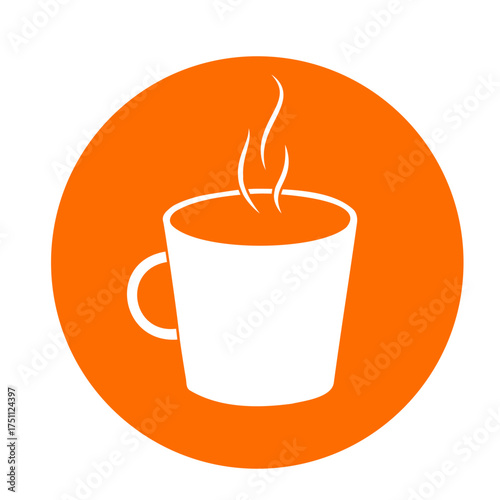 Minimalist icon of a steaming cup, rendered in a flat vector style with transparent outline details and a bright orange background, conveying cozy coffee or tea break atmosphere