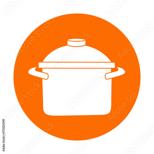 Minimalist icon of a cooking pot with lid and side handles, rendered in flat vector style with transparent outline details and a vivid orange background, symbolizing kitchen essentials 