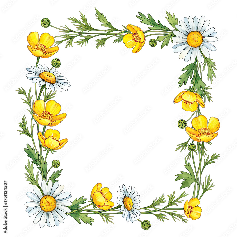Obraz premium A vibrant floral frame artfully arranged with daisies and buttercups, evoking a sense of natural beauty and spring.