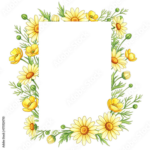 A vibrant frame composed of cheerful yellow daisies and buttercups encircles an empty rectangle, ready to house your words. It offers a fresh, botanical design element.