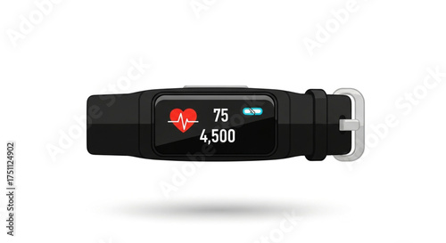 A black fitness tracker displaying heart rate and steps for health and activity tracking
