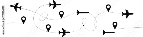 Airplane flight route with location pins, dotted path travel concept, aviation journey illustration, global transport, tourism and destination navigation background design