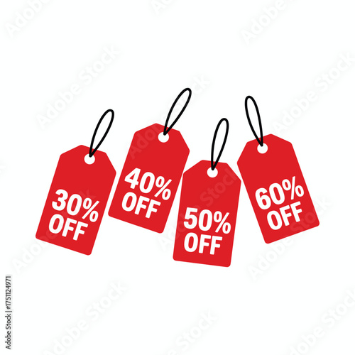 Red sale tags with discount percentages on white background Keywords: sale tags, discount, percentage