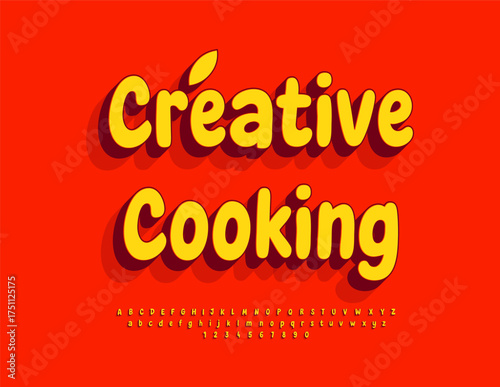 Vector Gourmet sign Creative Cooking. Set of Bright Alphabet Letters and Number. Modern Isometric Font.