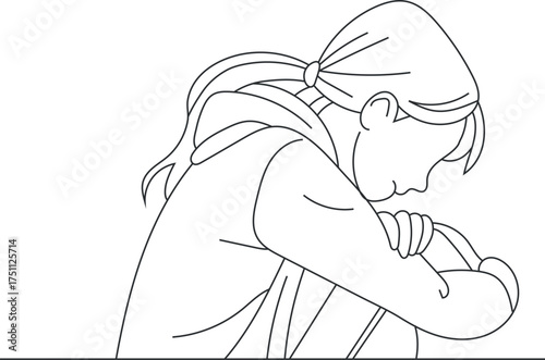 Girl sitting with a sad expression line art vector