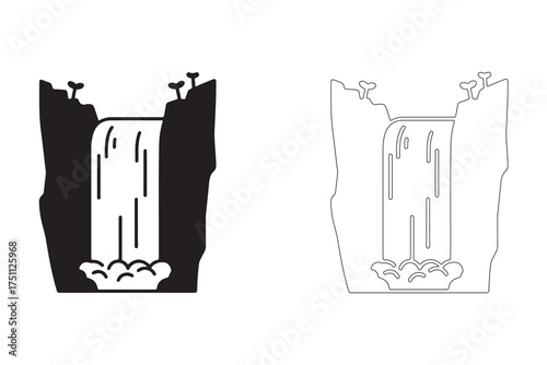 Waterfall Vector Illustration with Black and White Graphic Outlines Cascading Water Flowing Through Rocky Cliffside Landscape