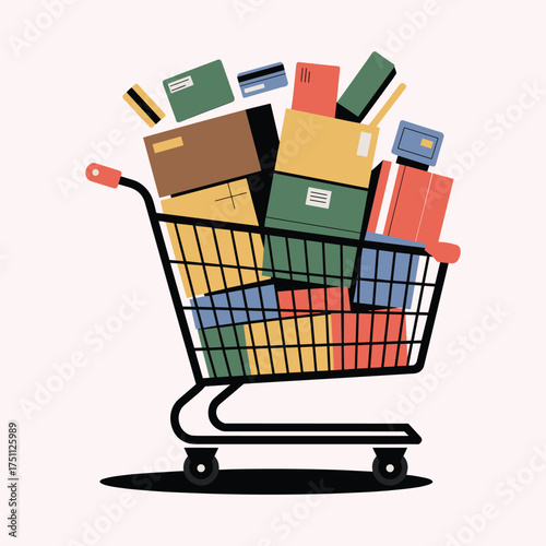 Shopping Cart Filled With Colorful Boxes And Credit Cards Keywords: shopping cart, grocery cart