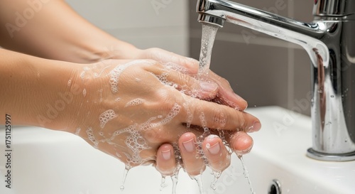 Person washing hands under running water with soap and foam