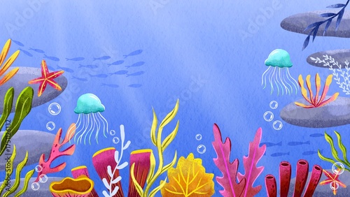 Obraz na plátne Colorful cartoon background of the Underwater World with Jellyfish and Coral Ree