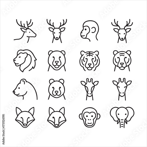 Collection of simple line art icons featuring various animal faces.