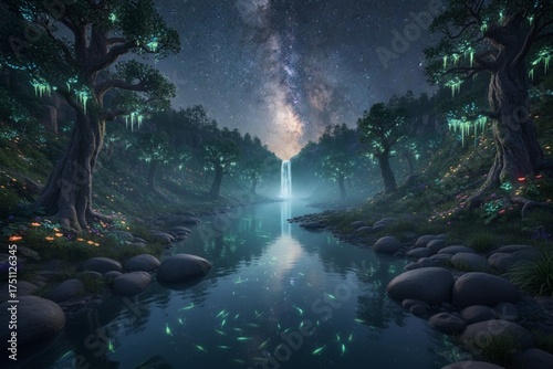 Enchanted forest river flowing under a celestial waterfall and a vibrant Milky Way galaxy night sky