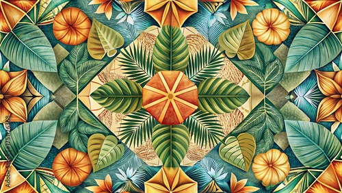 Hawaiian Quilt Motif Tropical Leaf Applique Pattern – Polynesian Botanical Mandala with Hibiscus and Palm, Seamless Island Textile Background for Fabric, Wallpaper, and Surface Design