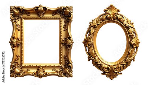 Two vintage baroque gold frames isolated on transparent background
