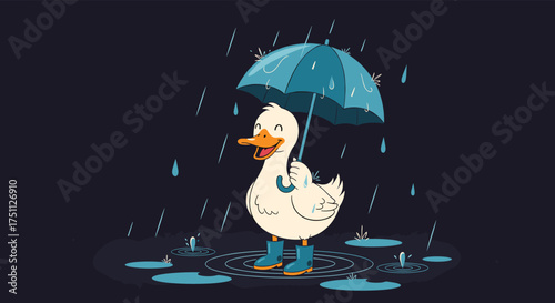 A cute duck stands under an umbrella in the pouring rain.