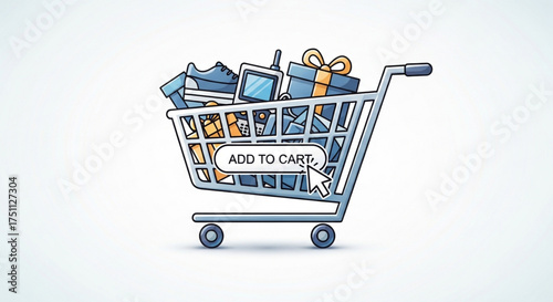 Shopping cart full of goods with add to cart button online shopping and ecommerce concept illustration
