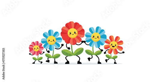 A happy group of colorful anthropomorphic flowers dancing together with smiles on their faces.