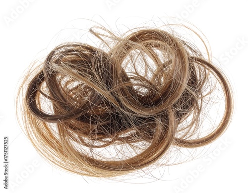 A close-up view of a tangled, loose clump of brown and blonde human hair against a plain white background
