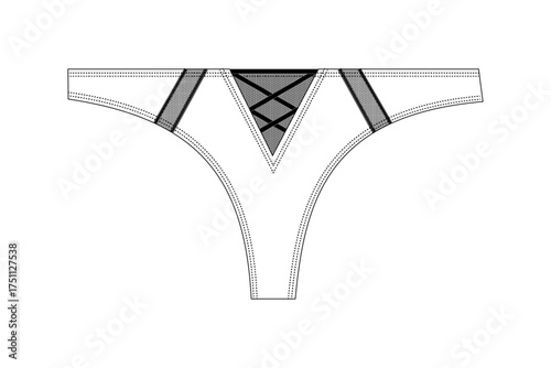 Lace Up Corset Detail Thong Panties Technical Drawing, Women's Lingerie Fashion Flat Sketch with Corsetry, Black and White Lingerie Vector Illustration.