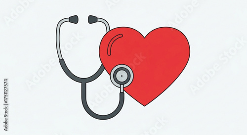 Illustration of a red heart with a stethoscope, representing healthcare, cardiology, and medical examinations