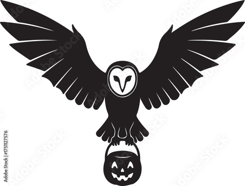 Barn owl silhouette with halloween pumpkin isolated on white background