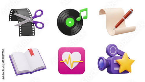 3D Media Content Production and Lifestyle App Icons Set - Digital Video, Music, Health, Book, and Writing Symbols