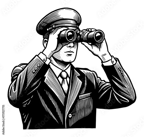 Focused Military Man in Suit Looking Through Binoculars Black and White Outline Line Art Drawing