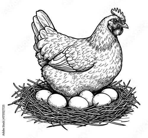 Black and White Outline Line Art Drawing Hen with Chicken Eggs on Nest Vintage Hand Draw Object Detail