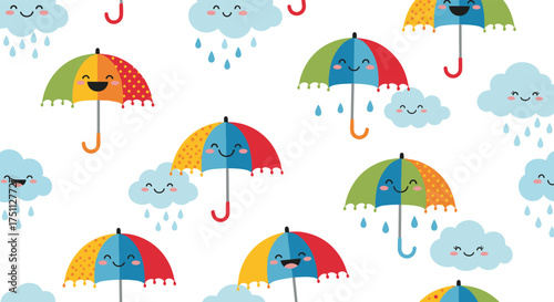 Cute cartoon umbrellas and clouds with happy faces on a white background.