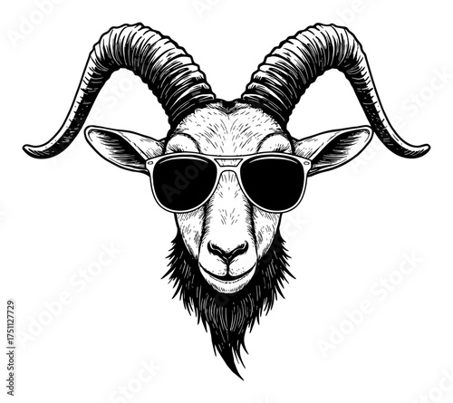 Cool Goat Head Wearing Sunglasses with Big Horns Vintage Style Black and White Outline Line Art Drawing