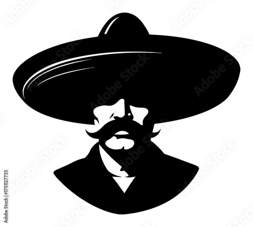 Mexican Wearing Sombrero Hat with Mustache Head Portrait Simple Silhouette Style Black and White Outline Line Art Drawing