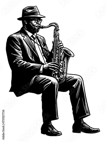 Man in Suit and Hat Playing Saxophone Sitting Black and White Outline Line Art Drawing Vintage Engraving