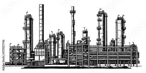 Oil Refinery Plant with Pipelines Industrial Structure Black and White Outline Line Art Drawing