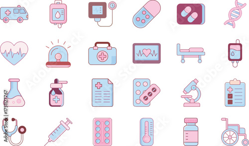 Modern Flat Medical and Healthcare Icon Set in Pastel Pink and Blue – Hospital and Clinic Equipment, Pharmacy Tools, Emergency Icons, Doctor and Nurse Instruments, Health and Wellness Devices, Medicin