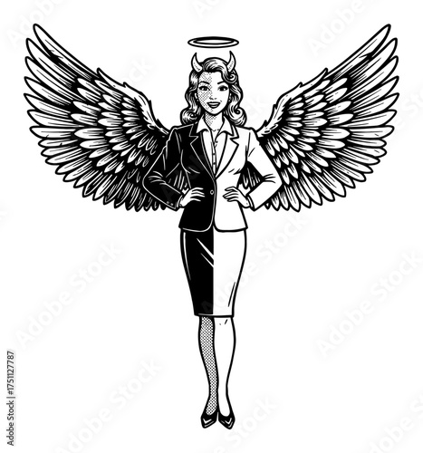 Retro Pinup Woman Half Devil Half Angel Wing Office Suit Smiling Black and White Outline Line Art Drawing